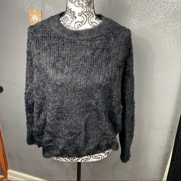 FRNCH Black Glitter Cropped Crew Neck Sweater.  Soft fuzzy, winter warm sparkly - Picture 4 of 12